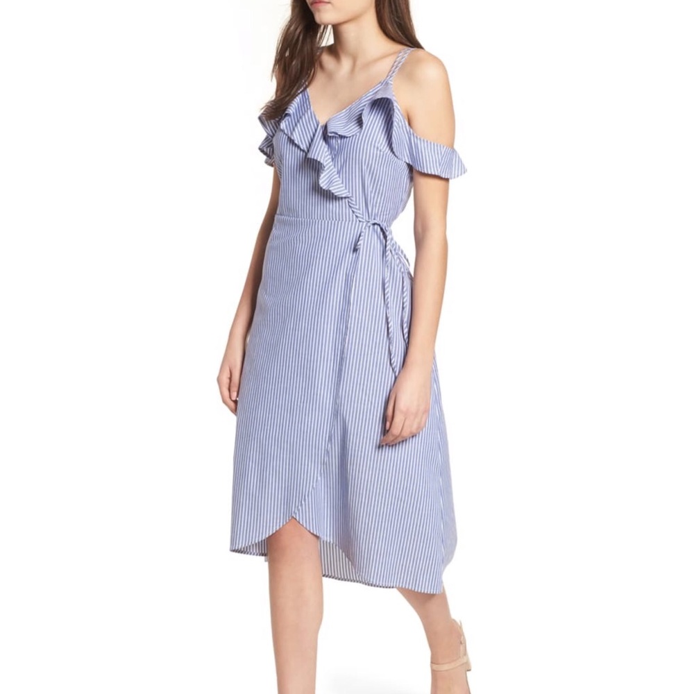 ❌sold - Blue white stripes ruffles wrap dress - Picture 3 of 6